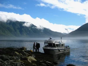 Boat anchored on Rocky shore