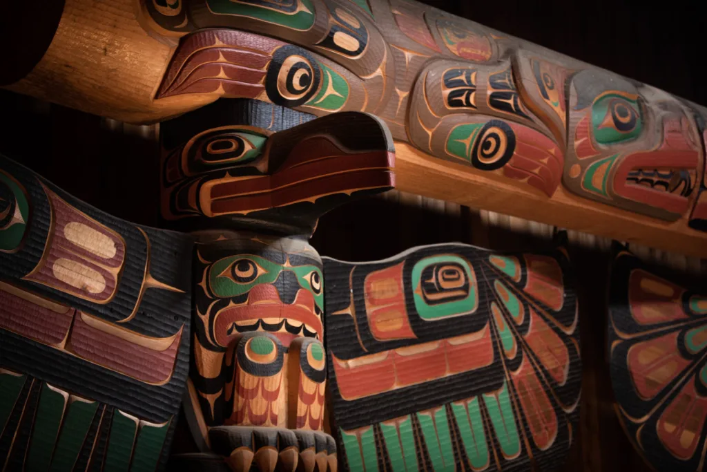 Closeup of the Klemtu Big House Totems